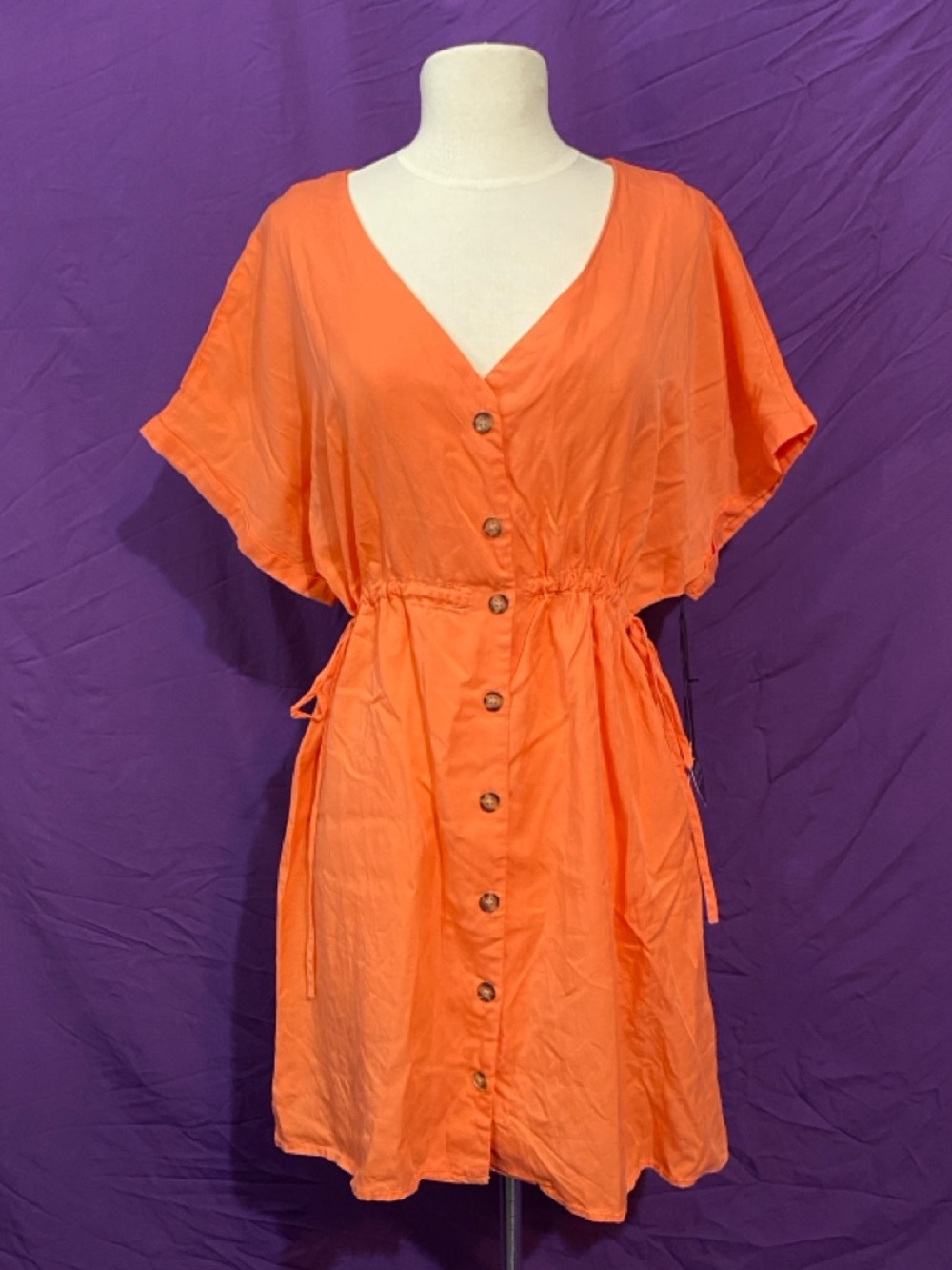 NWT C’est Toi V-Neck Orange Button-Front Dress with Cinched Waist. Size S.
